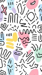 Abstract Doodle Pattern with Black Lines and Pastel Shapes. Retro 80s 90s Style Background. abstract illustration background with simple thick lines, colorful doodles, simple shapes.