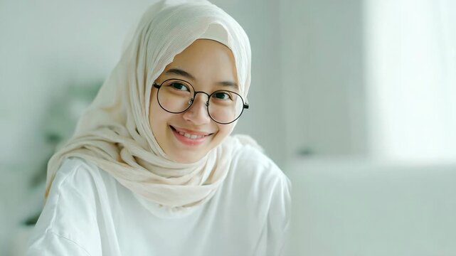 Beautiful Young Asian Muslim Woman Wearing Hijab and Eyeglasses Relaxing Indoors