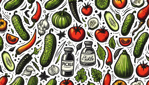seamless vegetable pickle pattern with tomatoes peppers cucumbers carrots and other fresh farm produce