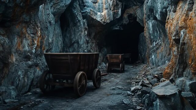 Old mining tunnel interior with empty wagons and rough rock walls