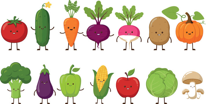 Cute kawaii vegetables vector set with smiling tomato, carrot, beet, corn, pumpkin, cabbage, and adorable healthy food cartoon characters