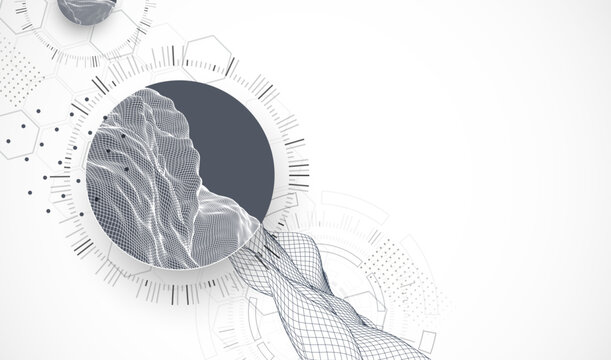 Abstract composition with wireframe wave and technology circles. Vector