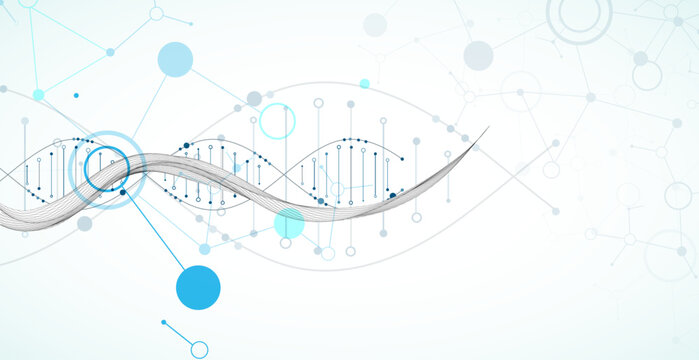 Abstract image of DNA molecule on wireframe wave. Scientific vector background.