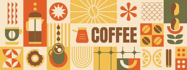 Abstract geometric coffee pattern with beans, pot, drink cup, plant leaves, hot teapot and bauhaus elements. Vector minimalist seamless background, design template for cafe cover, menu and packaging