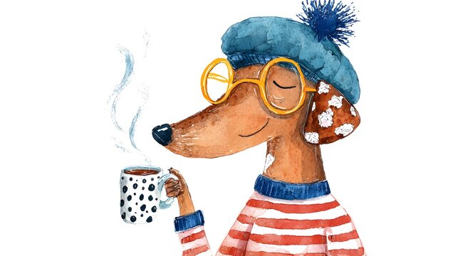 Dachshund Dog in Beret and Glasses Drinking Coffee. Cute Watercolor Illustration of a French dog in berette 