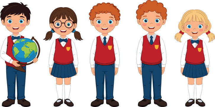 Cute school children vector set with boys and girls in uniforms, diverse students, classroom theme, education characters, and kid friendly illustrations