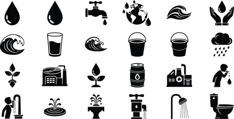 Collection of 20 black and white icons related to water energy and resources © mdkamran