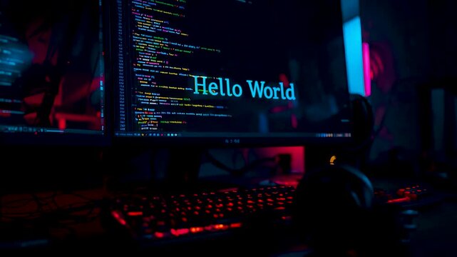 Programmer coding Hello World script on computer screen with neon lighting showcasing modern software development workspace at night