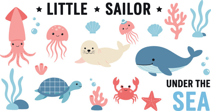 Cute under the sea vector set with whale, seal, turtle, jellyfish, squid, crab, coral, and playful ocean quote elements