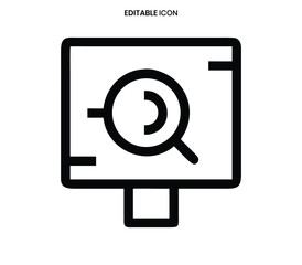Fototapeta premium Black and white linear icon depicting a screen with a magnifying glass overlay