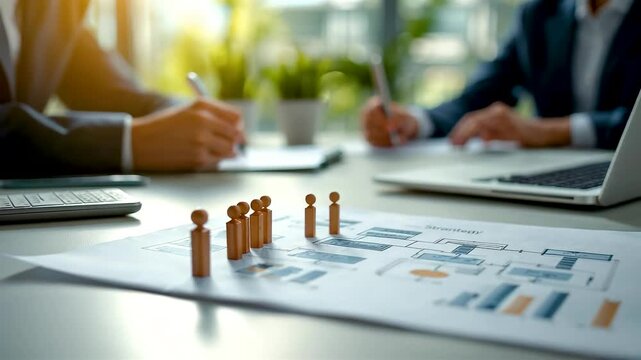 Business professionals reviewing financial reports with miniature figures during strategic meeting in bright modern office environment