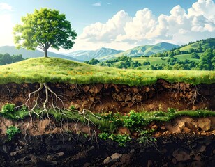 Obraz premium Conceptual cross section of nature showing trees, underground roots, soil layers and clean energy, symbolizing sustainability, ecosystem balance, environmental growth and green future.