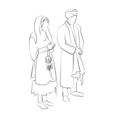One continuous line drawing on white isolated background. Minimalism linear illustration. india, bride, wedding, groom, love, indian, ceremony, couple, tradition, culture