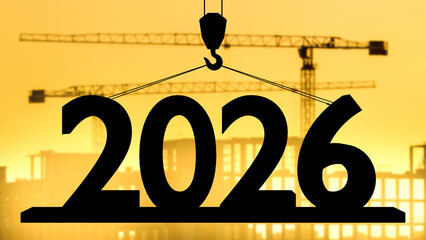 Construction industry outlook and development planning for 2026. Crane lifts year symbol as...