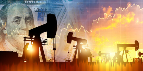 Oil market dynamics and energy price analysis in the United States. Pumpjacks operate at sunset as dollar imagery and charts illustrate crude oil price growth. © Grispb