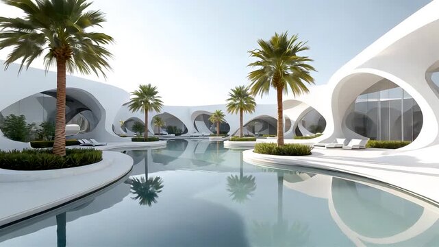 Luxury modern resort architecture with curved white buildings palm trees and reflective water pools under bright sky creating serene vacation atmosphere