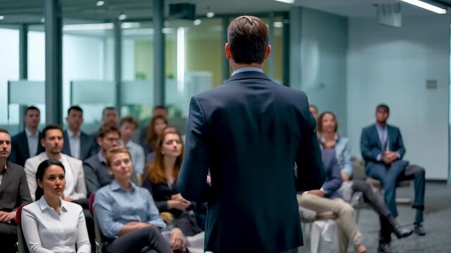 Business speaker presenting to engaged audience in modern conference room with professional discussion training session and corporate communication focus