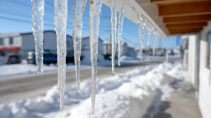 Icicles hanging from roof in sunny winter suburban street