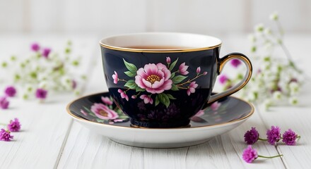Fototapeta premium Elegant floral tea cup and dish on a white wooden surface with flowers.