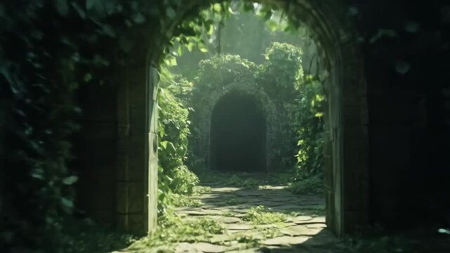 Stone archway covered in lush green foliage with sunlight