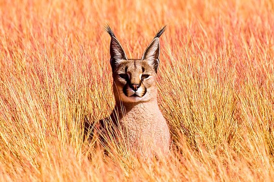 Caracal Wild Cat in Sunlit Golden Grass