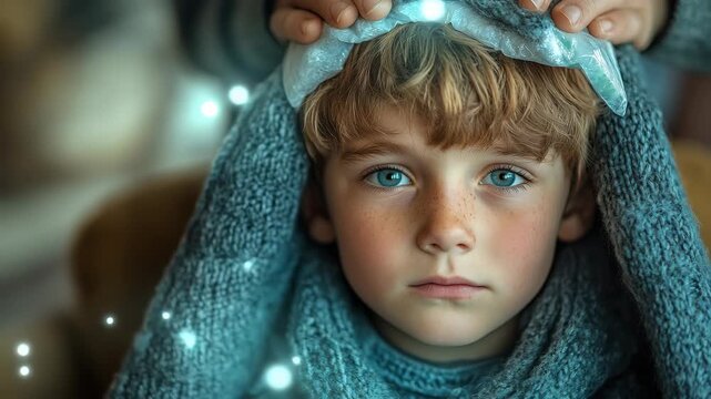Caring parent treats a sick child's fever with a cold compress as magical particles symbolize recovery. A concept for healthcare ads and family projects.
