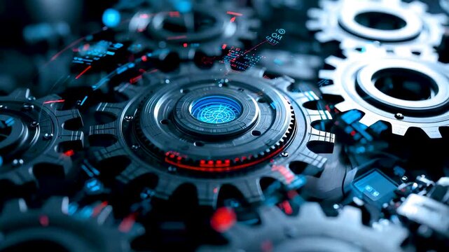 Interlocking metal gears with illuminated core and precision engineering details showcasing advanced mechanical systems and industrial technology design