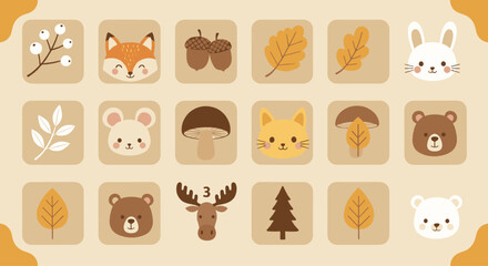 Fototapeta premium Cute woodland icon vector set with fox, bear, deer, rabbit, mushrooms, leaves, acorns, trees, and cozy forest animal characters