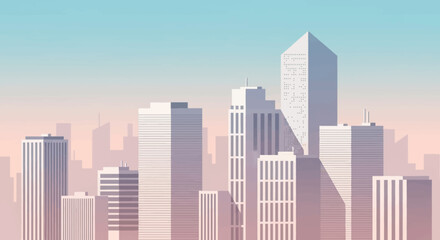 Fototapeta premium Modern City Skyline with Skyscrapers Under a Clear Sunset Sky, Urban Landscape Illustration