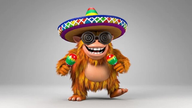Playful orange monkey wearing sombrero and sunglasses shakes maracas