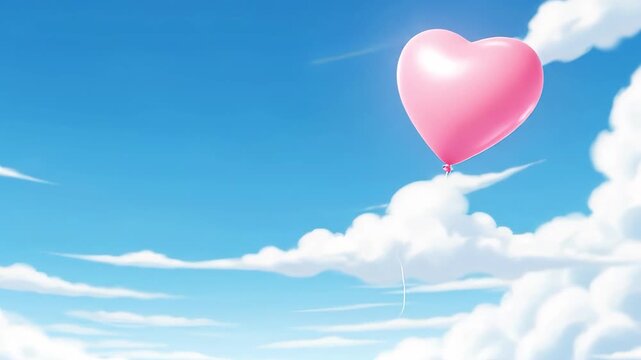 Heart shaped pink balloon floats gently against vibrant blue sky background with clouds dreamy romantic valentines footage