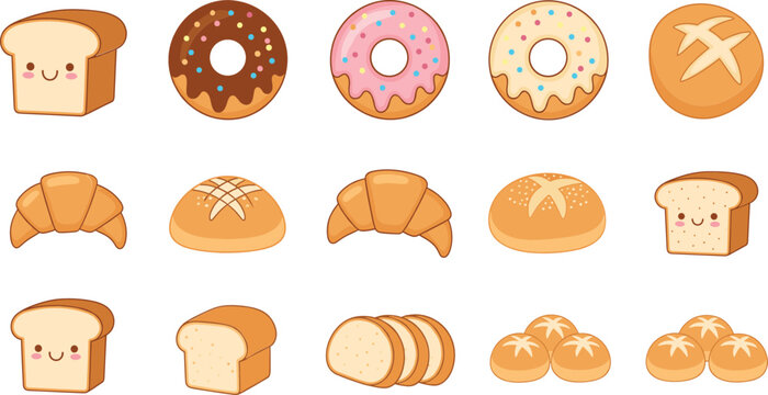Cute Bakery Bread and Donut Vector Illustration Set with Cartoon Pastries, Croissants, Buns, Sliced Loaf, and Sweet Dessert Icons for Kids Designs