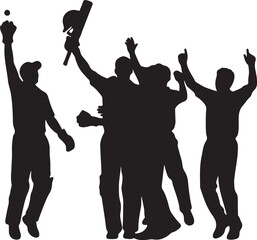 Silhouette of cricket team celebrating victory jumping in air against white wall
