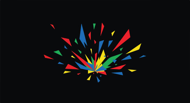 Dynamic abstract explosion of colorful geometric shards and triangles on a dark background, representing energy, celebration, and modern design.