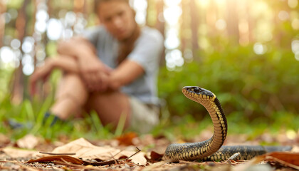 Fototapeta premium A wild snake raising its head on the forest floor with a hiker blurred in the background. Close-up of a reptile in its natural habitat among fallen leaves and forest greenery.