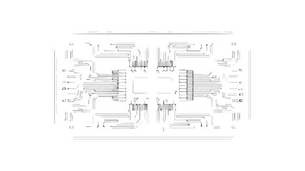 High-contrast schematic illustration of an advanced electronic circuit board with intricate pathways and connection points