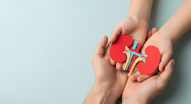 Adult and child holding kidney , world kidney day, kidney cancer, kidney stone, organ donation concept