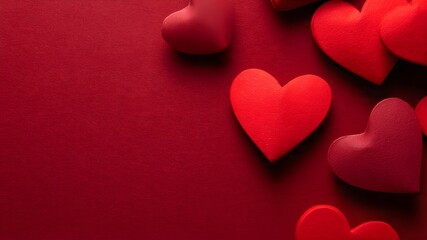 Fototapeta premium Vibrant red and deep crimson hearts elegantly scattered on a rich monochromatic background, representing passionate love, heartfelt romance, and festive celebration for special occasions