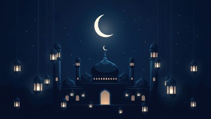 Enchanting Night: A serene scene of a Mosque bathed in moonlight with hanging lanterns
