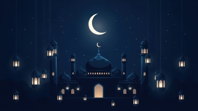 Enchanting Night: A serene scene of a Mosque bathed in moonlight with hanging lanterns