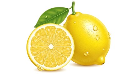 Fresh lemon and sliced lemon with green leaf
