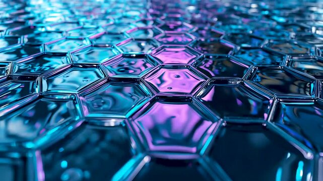 Glowing hexagonal surface with reflective blue and pink light patterns forming a sleek abstract technology texture with depth and precision