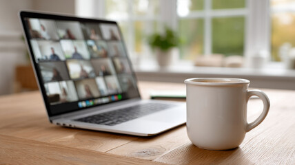 Laptop with virtual meeting on screen and coffee mug on wooden table