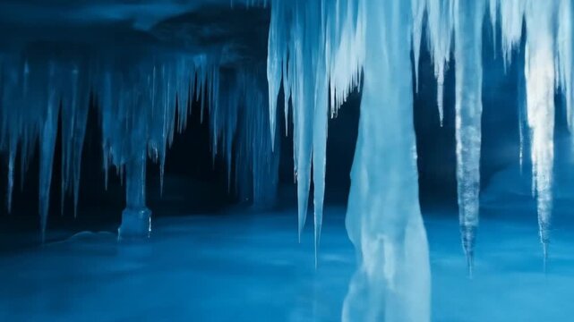 Stunning ice cave interior dramatic blue tones icicles and reflections
