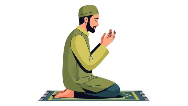 Illustration of a devoted Muslim man in prayer, showcasing faith, spirituality and cultural