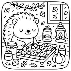 A cute hedgehog arranges colorful leaves on a table surrounded by jars of honey, a lantern, and a pumpkin, creating a cozy autumn scene.