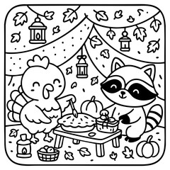 A whimsical black-and-white illustration of a turkey and raccoon sharing a pie at a cozy autumn gathering, surrounded by lanterns and leaves.