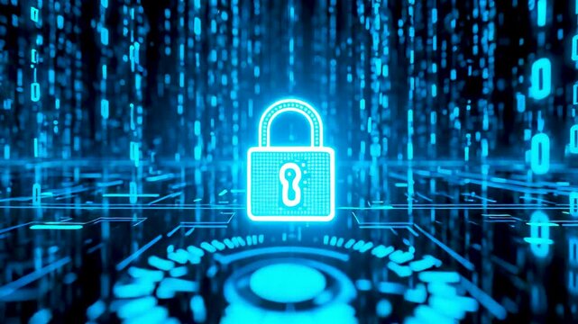 Glowing digital lock over streaming data matrix showcasing enterprise cybersecurity protection encryption and network access control