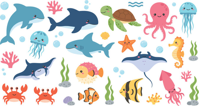 Cute Underwater Sea Animals Cartoon Vector Set with Dolphin, Shark, Turtle, Octopus, Jellyfish, Fish, Crab, Squid, and Ocean Elements
