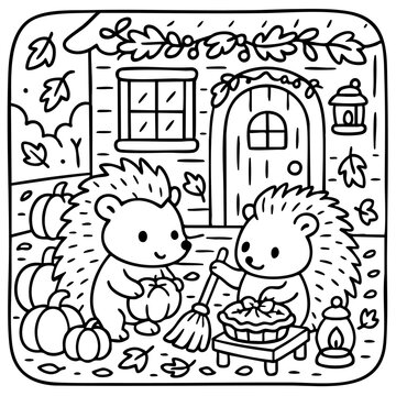 Two adorable hedgehogs engage in autumn activities outside a charming cottage, surrounded by pumpkins and falling leaves.
